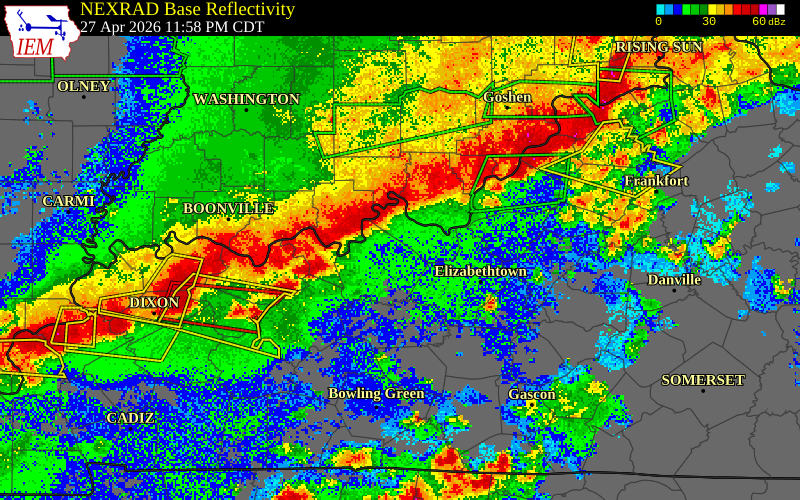 NEXRAD radar during the Tuesday, April 28, 2026 storm activity in Hancock County, Kentucky