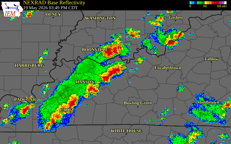 NEXRAD radar during the Tuesday, May 19, 2026 storm activity in Hancock County, Kentucky
