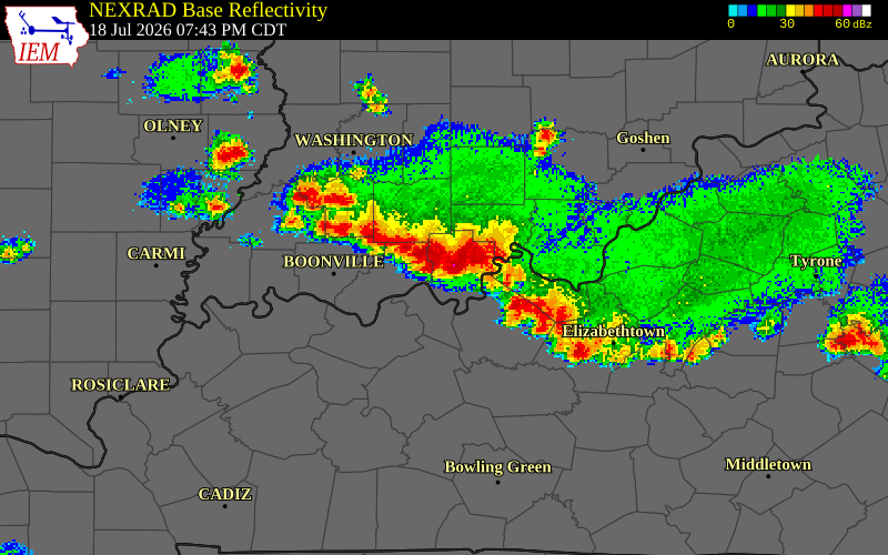 NEXRAD radar during the Saturday, July 18, 2026 storm activity in Hancock County, Kentucky