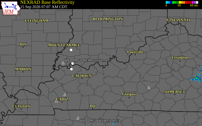 Current NEXRAD radar over Hancock County, Kentucky with recent storm report locations