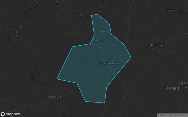 Map of Hardin County, Kentucky showing the county boundary and surrounding cities