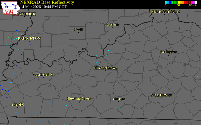 NEXRAD radar during the Saturday, March 14, 2026 storm activity in Hardin County, Kentucky