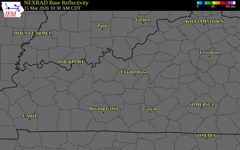 NEXRAD radar during the Sunday, March 15, 2026 storm activity in Hardin County, Kentucky