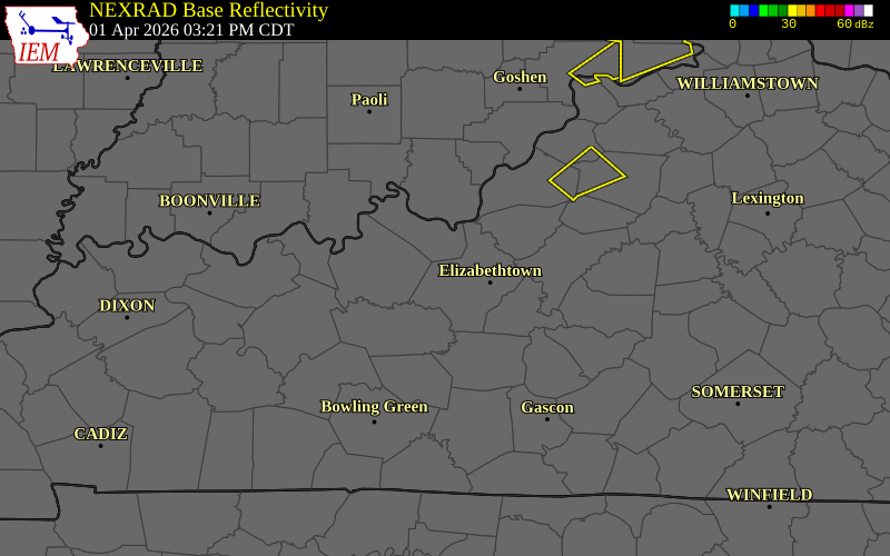 NEXRAD radar during the Wednesday, April 1, 2026 storm activity in Hardin County, Kentucky