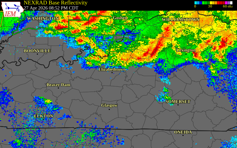 NEXRAD radar during the Monday, April 27, 2026 storm activity in Hardin County, Kentucky