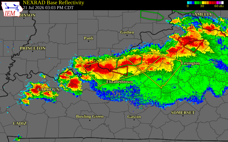 NEXRAD radar during the Tuesday, July 21, 2026 storm activity in Hardin County, Kentucky