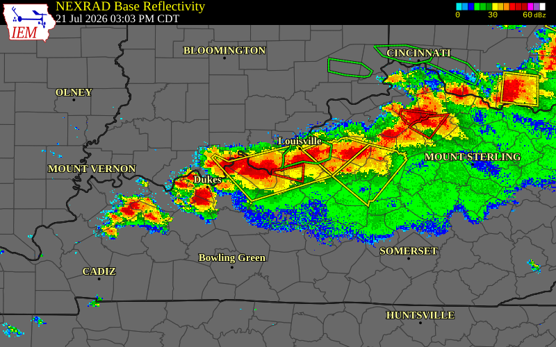 Radar snapshot during the Jul 21, 2026 tornado event near 1 SSW West Point, Hardin County, Kentucky, with NWS warning polygons