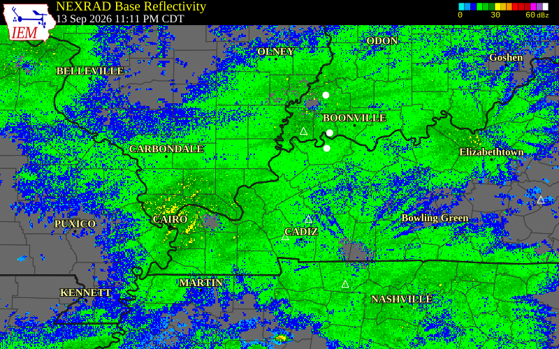 Current NEXRAD radar over Hardin County, Kentucky with recent storm report locations