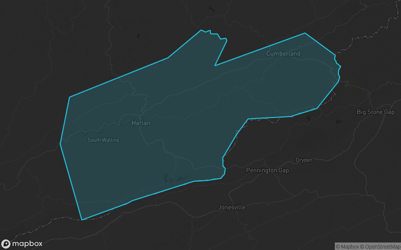 Map of Harlan County, Kentucky showing the county boundary and surrounding cities