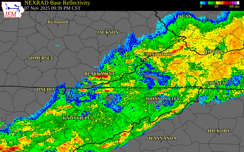 NEXRAD radar during the Friday, November 7, 2025 storm activity in Harlan County, Kentucky