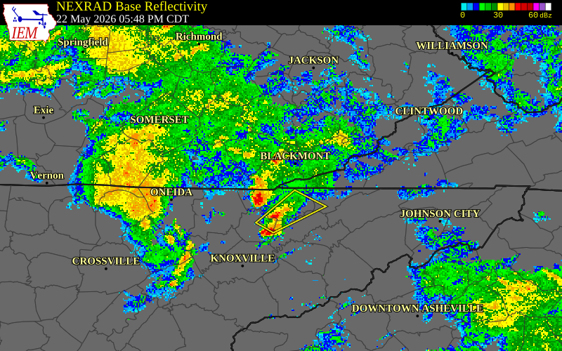 NEXRAD radar during the Friday, May 22, 2026 storm activity in Harlan County, Kentucky