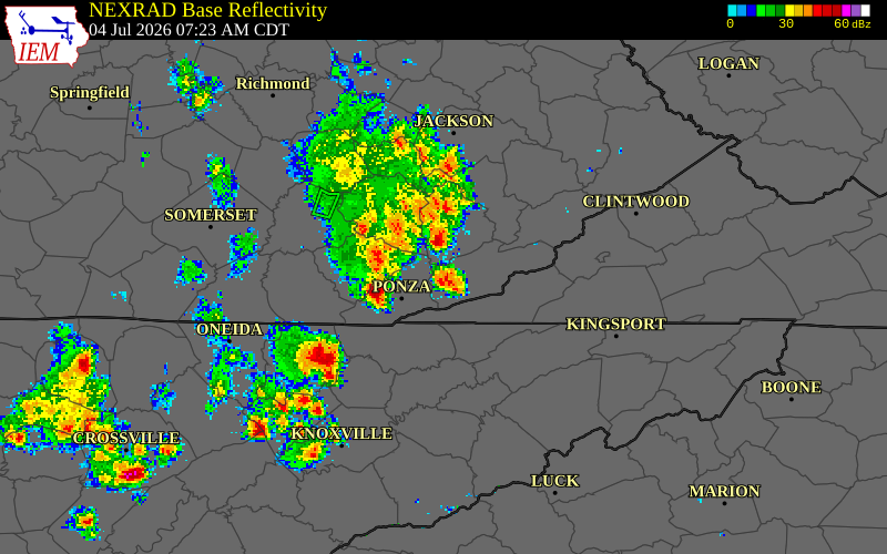 NEXRAD radar during the Saturday, July 4, 2026 storm activity in Harlan County, Kentucky