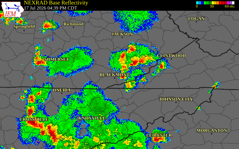 NEXRAD radar during the Friday, July 17, 2026 storm activity in Harlan County, Kentucky