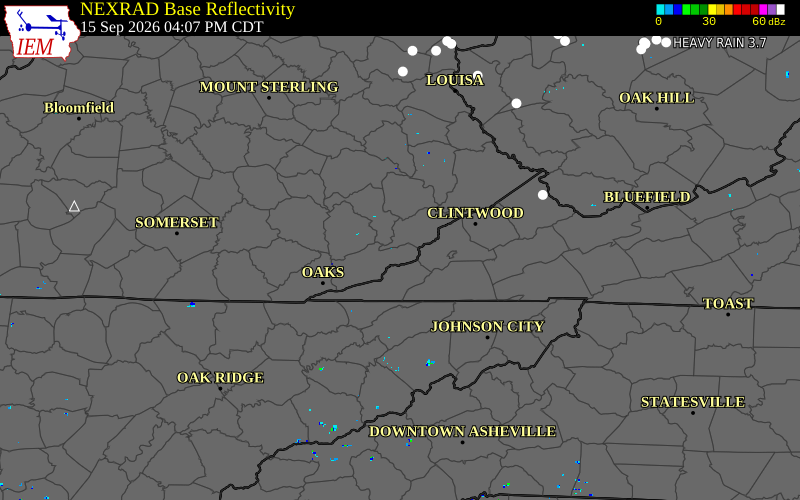 Current NEXRAD radar over Harlan County, Kentucky with recent storm report locations
