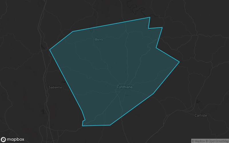 Map of Harrison County, Kentucky showing the county boundary and surrounding cities