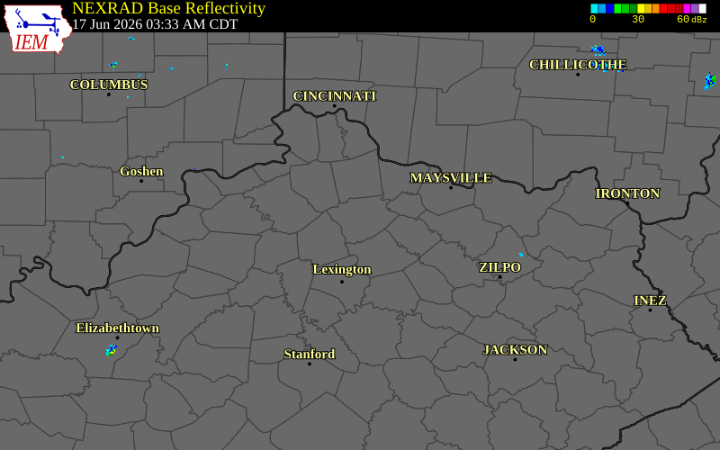 NEXRAD radar during the Wednesday, June 17, 2026 storm activity in Harrison County, Kentucky