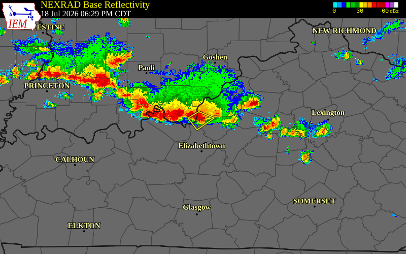 NEXRAD radar during the Saturday, July 18, 2026 storm activity in Harrison County, Kentucky