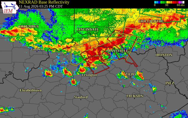 NEXRAD radar during the Tuesday, August 11, 2026 storm activity in Harrison County, Kentucky