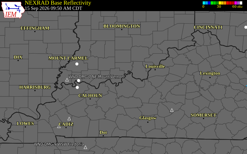 Current NEXRAD radar over Harrison County, Kentucky with recent storm report locations