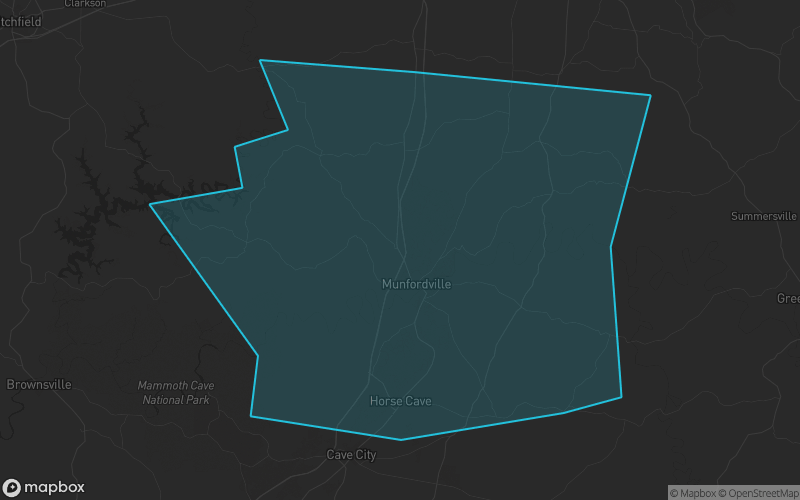 Map of Hart County, Kentucky showing the county boundary and surrounding cities