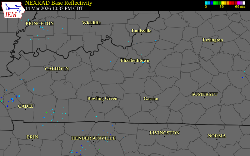 NEXRAD radar during the Saturday, March 14, 2026 storm activity in Hart County, Kentucky