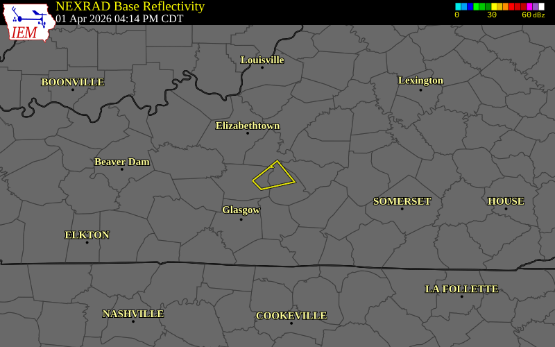 NEXRAD radar during the Wednesday, April 1, 2026 storm activity in Hart County, Kentucky