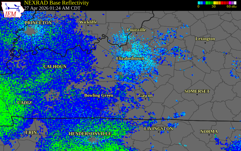 NEXRAD radar during the Monday, April 27, 2026 storm activity in Hart County, Kentucky
