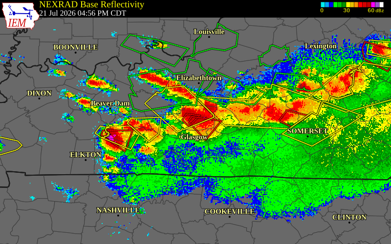 NEXRAD radar during the Tuesday, July 21, 2026 storm activity in Hart County, Kentucky