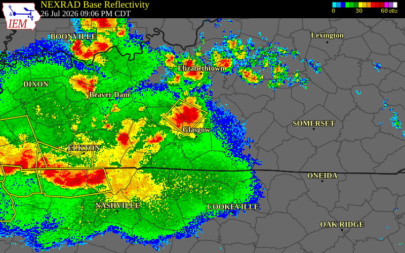 NEXRAD radar during the Sunday, July 26, 2026 storm activity in Hart County, Kentucky
