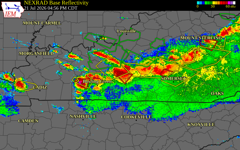 Radar snapshot during the Jul 21, 2026 tornado event near 1 N Rowletts, Hart County, Kentucky, with NWS warning polygons