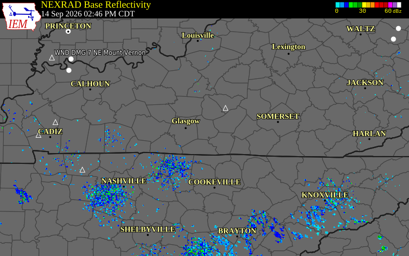 Current NEXRAD radar over Hart County, Kentucky with recent storm report locations