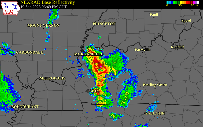 NEXRAD radar during the Friday, September 19, 2025 storm activity in Henderson County, Kentucky