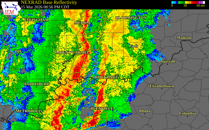 NEXRAD radar during the Sunday, March 15, 2026 storm activity in Henderson County, Kentucky