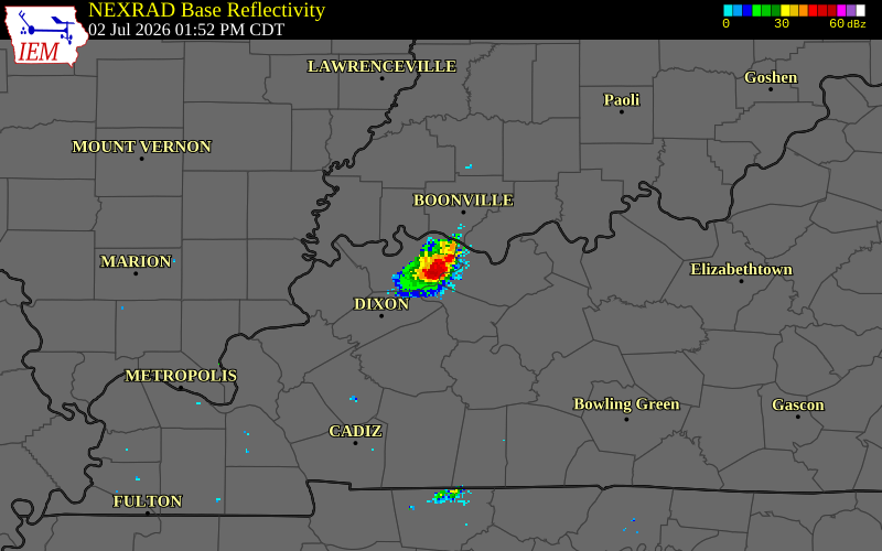 NEXRAD radar during the Thursday, July 2, 2026 storm activity in Henderson County, Kentucky