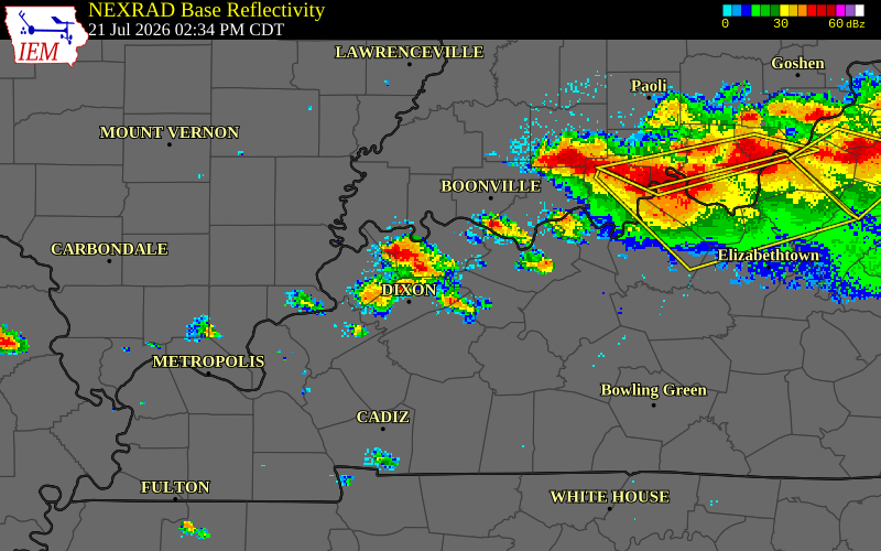 NEXRAD radar during the Tuesday, July 21, 2026 storm activity in Henderson County, Kentucky