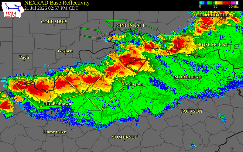 NEXRAD radar during the Tuesday, July 21, 2026 storm activity in Henry County, Kentucky