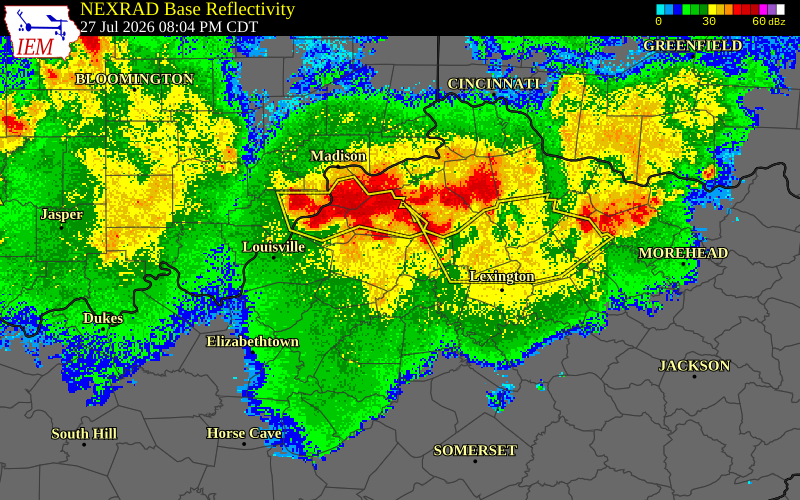 NEXRAD radar during the Monday, July 27, 2026 storm activity in Henry County, Kentucky