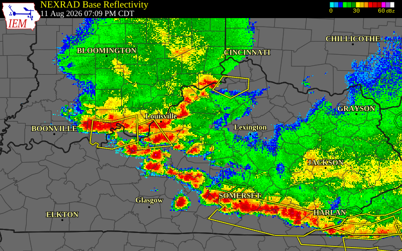 Radar snapshot during the Aug 11, 2026 wind event near Henry County, Henry County, Kentucky, with NWS warning polygons
