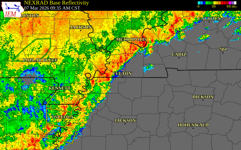 NEXRAD radar during the Saturday, March 7, 2026 storm activity in Hickman County, Kentucky