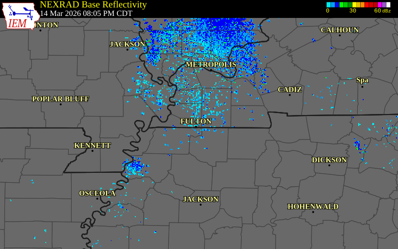 NEXRAD radar during the Saturday, March 14, 2026 storm activity in Hickman County, Kentucky