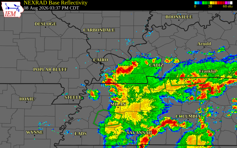 Radar snapshot during the Aug 8, 2026 wind event near Hickman County, Hickman County, Kentucky, with NWS warning polygons
