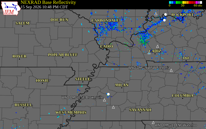 Current NEXRAD radar over Hickman County, Kentucky with recent storm report locations