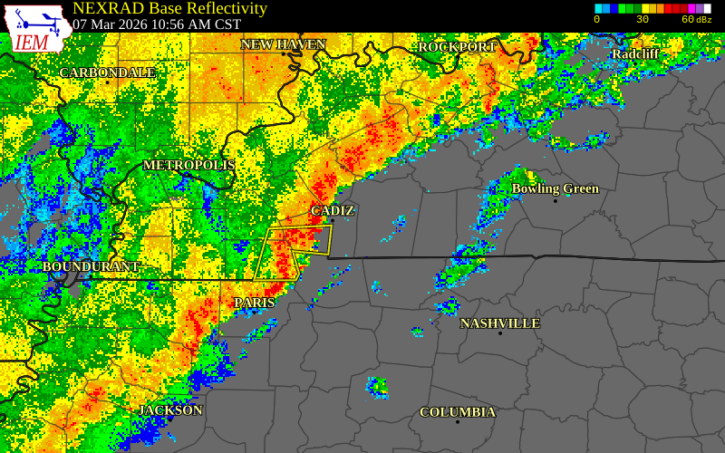 NEXRAD radar during the Saturday, March 7, 2026 storm activity in Hopkins County, Kentucky