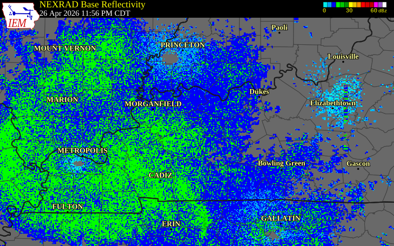 NEXRAD radar during the Monday, April 27, 2026 storm activity in Hopkins County, Kentucky