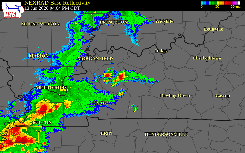 NEXRAD radar during the Saturday, June 13, 2026 storm activity in Hopkins County, Kentucky