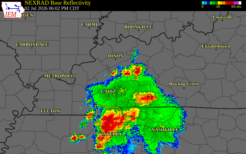 NEXRAD radar during the Thursday, July 2, 2026 storm activity in Hopkins County, Kentucky