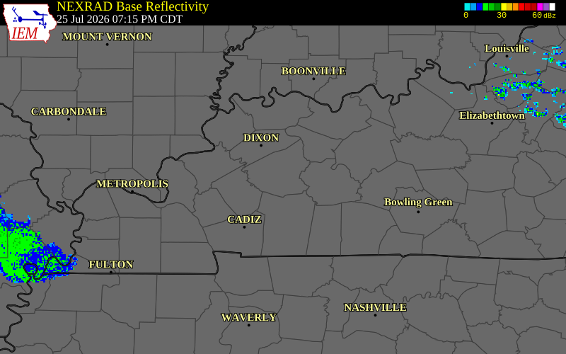 NEXRAD radar during the Saturday, July 25, 2026 storm activity in Hopkins County, Kentucky
