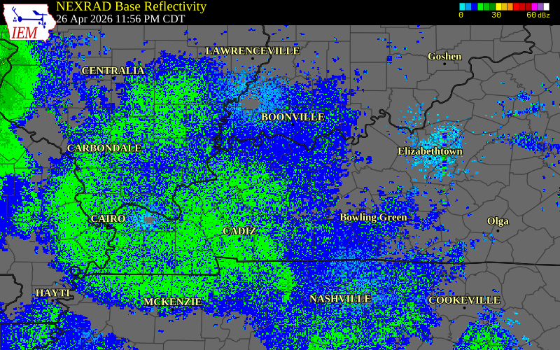 Radar snapshot during the Apr 27, 2026 tornado event near 3 W Jewel City, Hopkins County, Kentucky, with NWS warning polygons