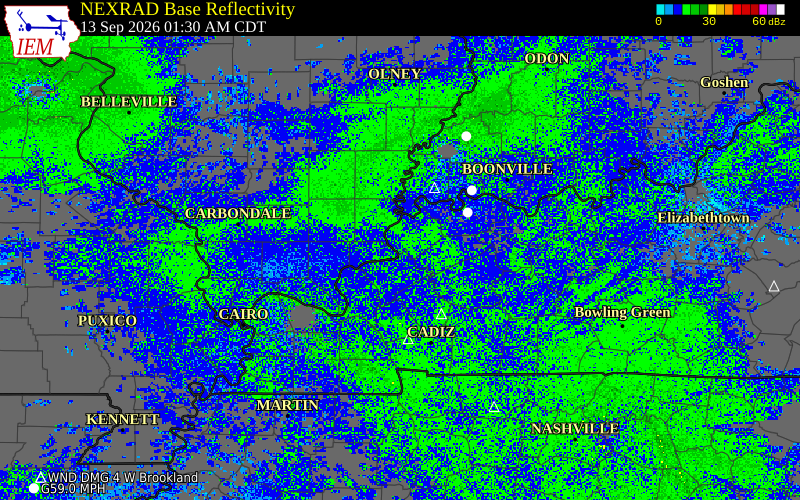 Current NEXRAD radar over Hopkins County, Kentucky with recent storm report locations