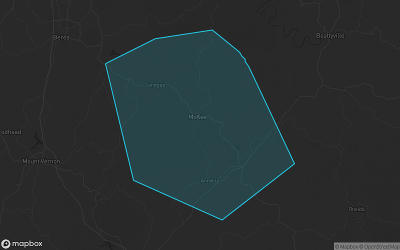 Map of Jackson County, Kentucky showing the county boundary and surrounding cities